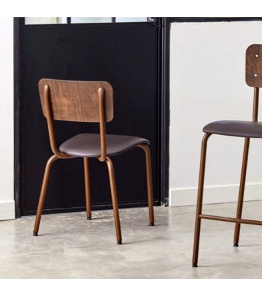Chaise ALEX structure acier laqué rouillé (aspect Corten) , assise rembourée ecopelle marron dossier bois effet vintage